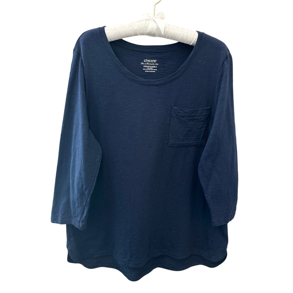 CHICO’S Ultimate Tee Navy Blue Pocket Top Cotton Modal 3/4 Sleeve | Size 2 Large